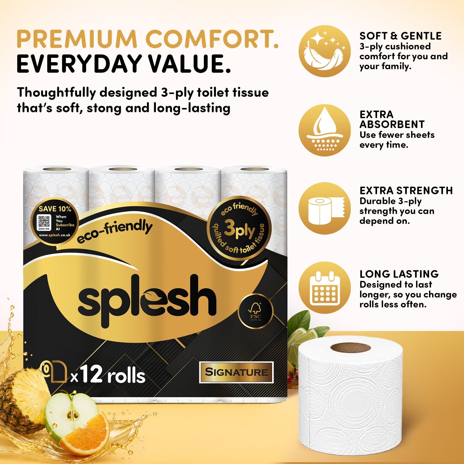 Splesh Toilet Roll Signature Scented 12 Rolls|Quilted 3-Ply Soft Toilet Paper