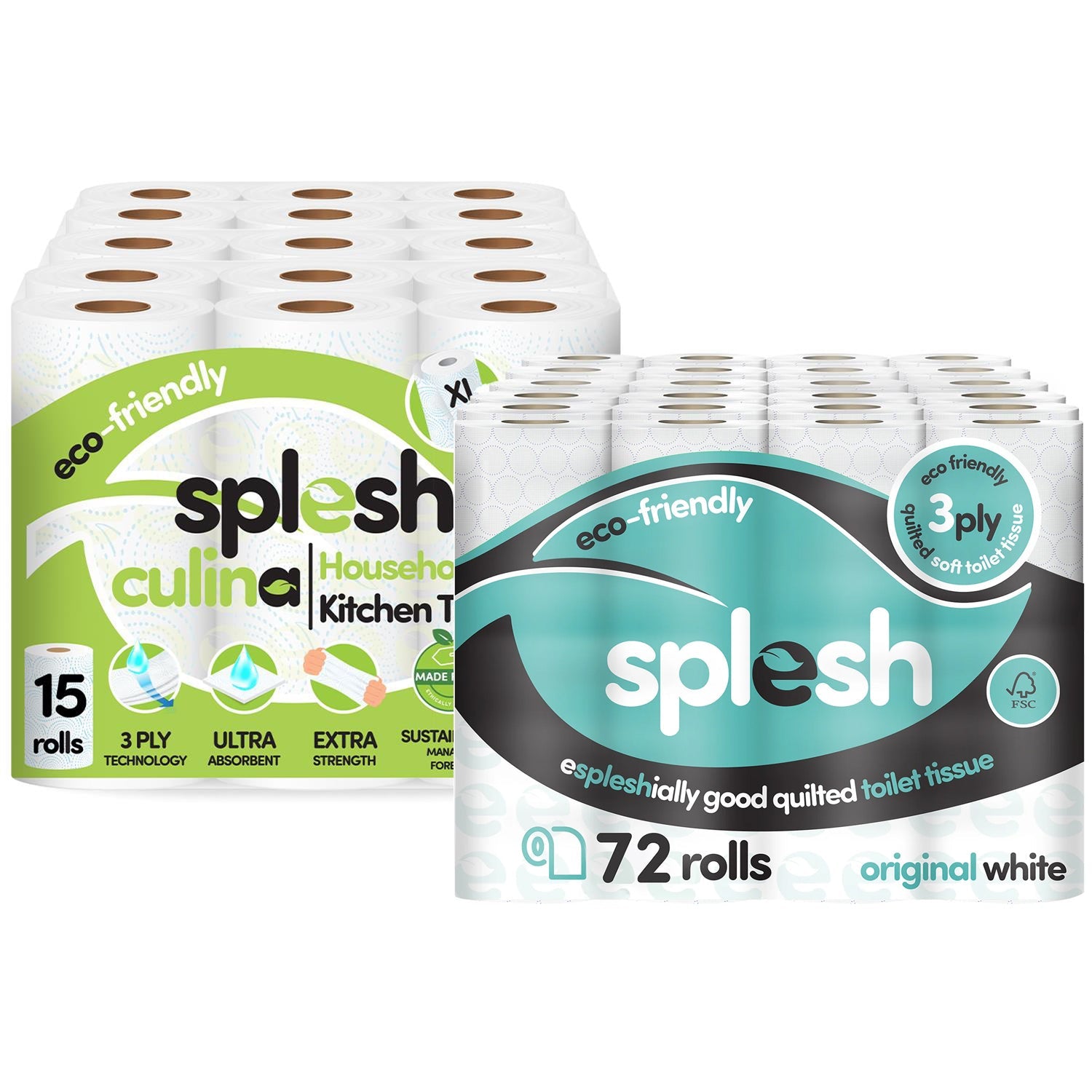 Splesh Toilet Roll Quilted White 72 Rolls with Culina Kitchen Towel 15 Rolls