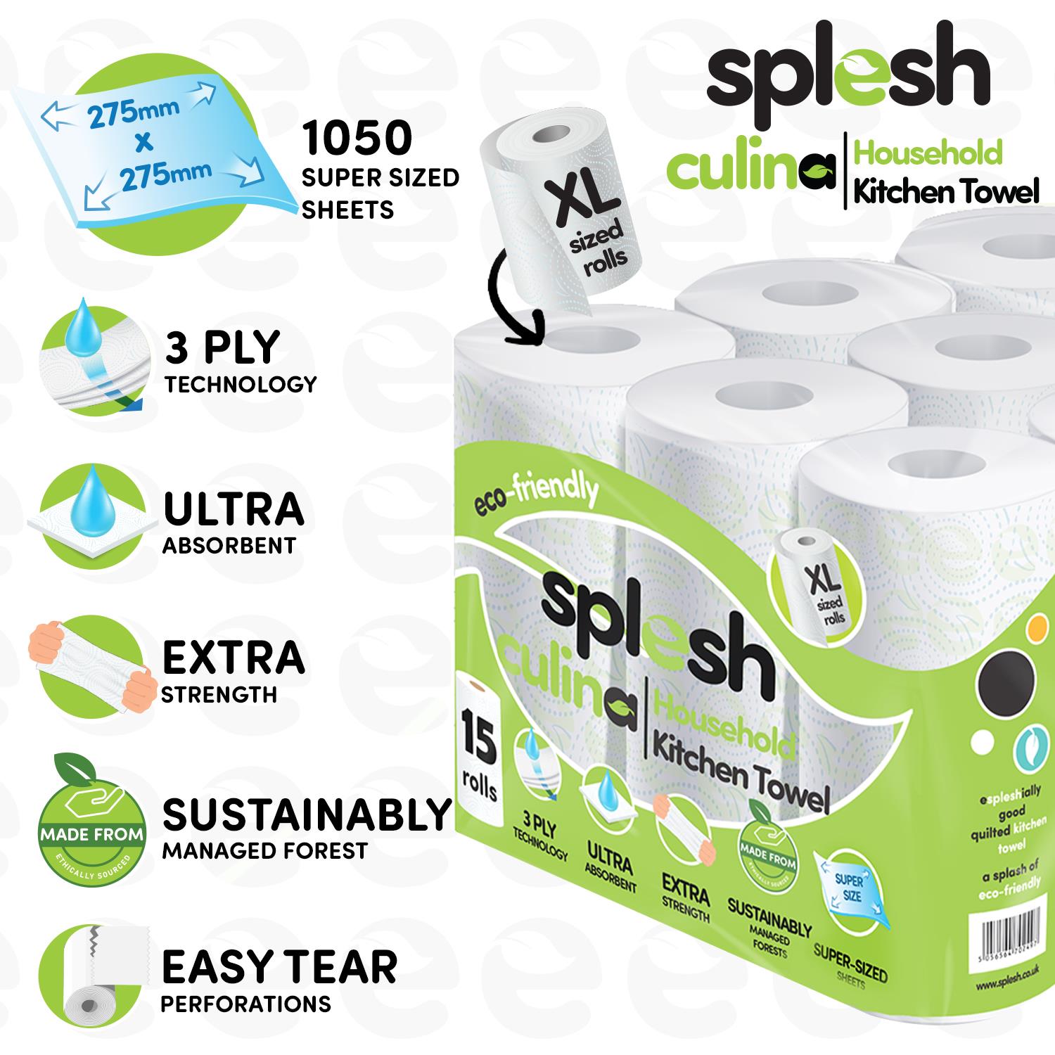Splesh Toilet Roll Quilted White 72 Rolls with Culina Kitchen Towel 15 Rolls